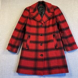 Talbots Coat Women's 8 Red Plaid Mid Length Wool Nylon Blend Jacket M